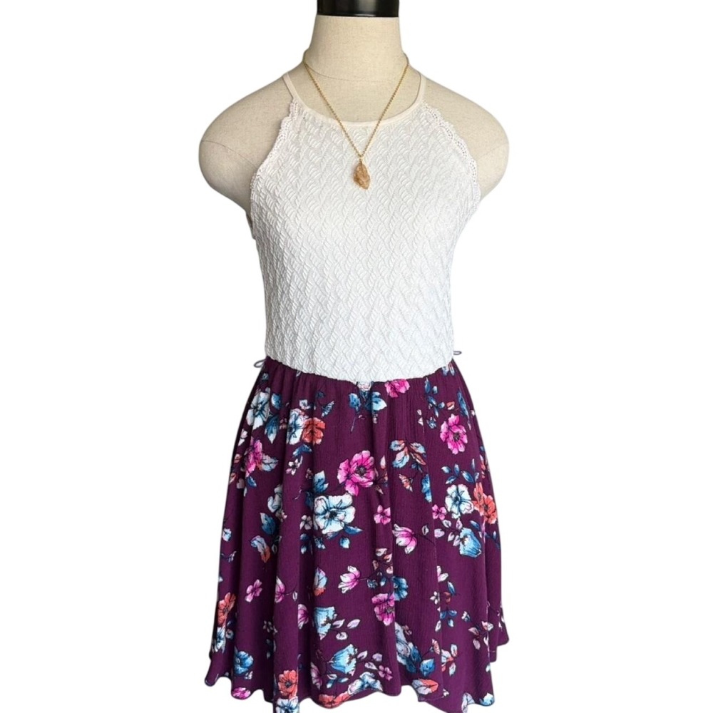 Lily Rose Floral Lace Halter Handkerchief Hem Dress Burgundy White S
